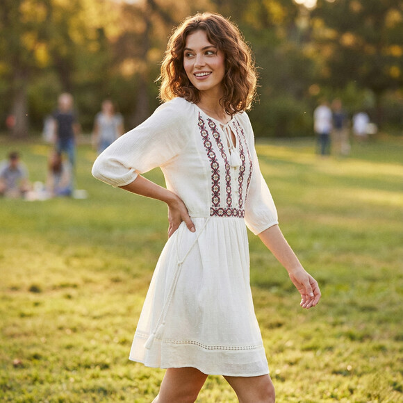 Lovestitch Dresses & Skirts - Lovestitch Ivory Embroidered Boho Midi Dress Tassel Tie Waist Peasant Medium